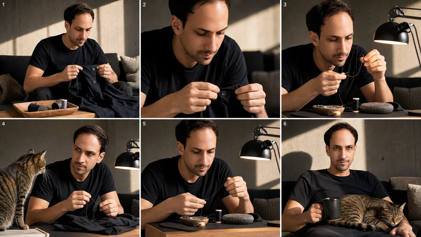Threading Needle Under Small — 6-Panel Sequence — AI Portrait Prompt