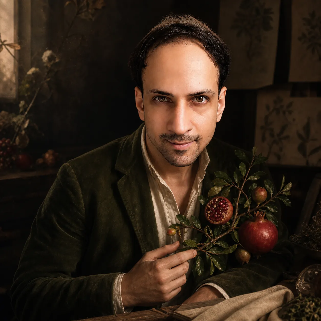 Botanical Reverie: Holding with a pomegranate branch — AI Portrait Prompt