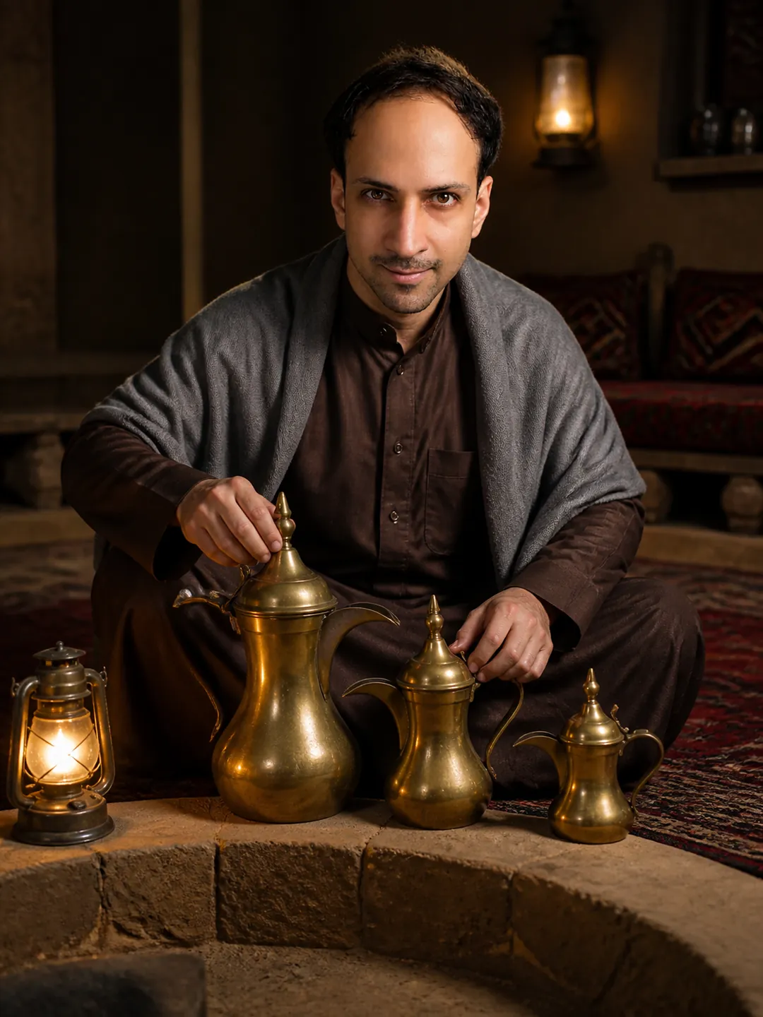 Furnished Presence: Najdi Coffee-Hearth Room — AI Portrait Prompt