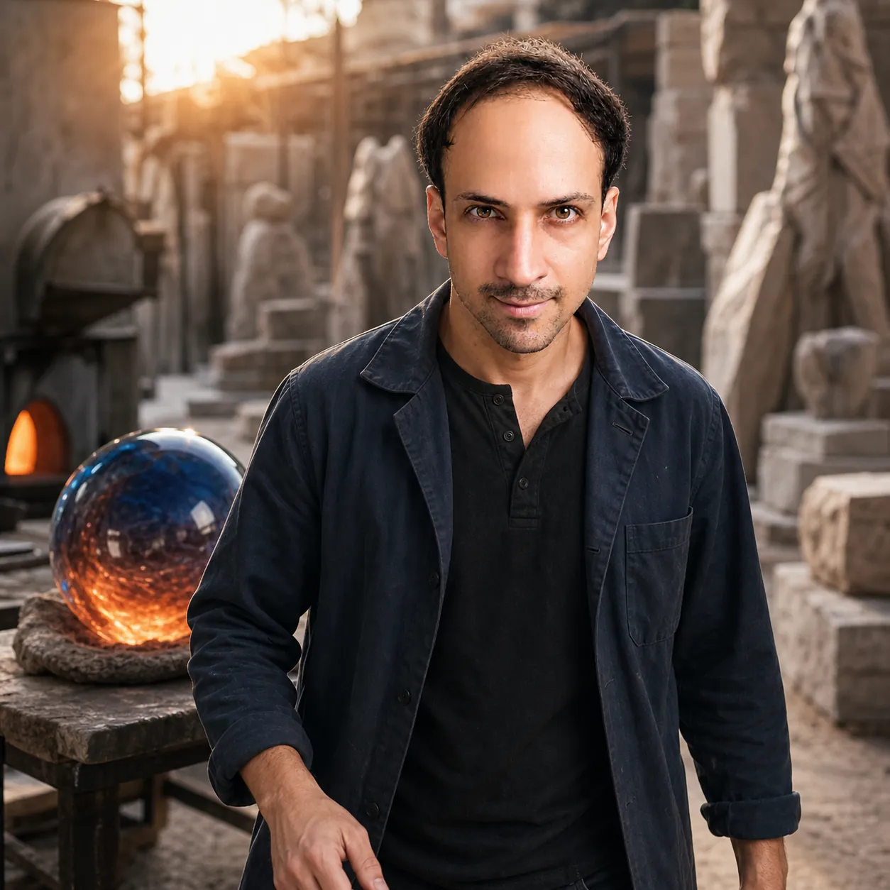 Material Alchemy: Departure with a blown-glass orb — AI Portrait Prompt