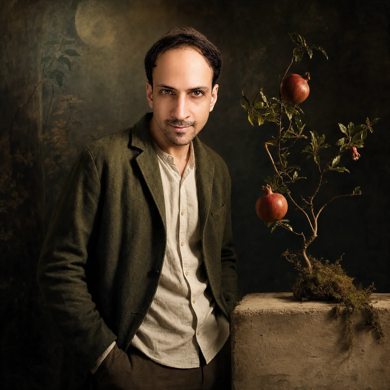 Botanical Reverie: Witness with a pomegranate branch — AI Portrait Prompt