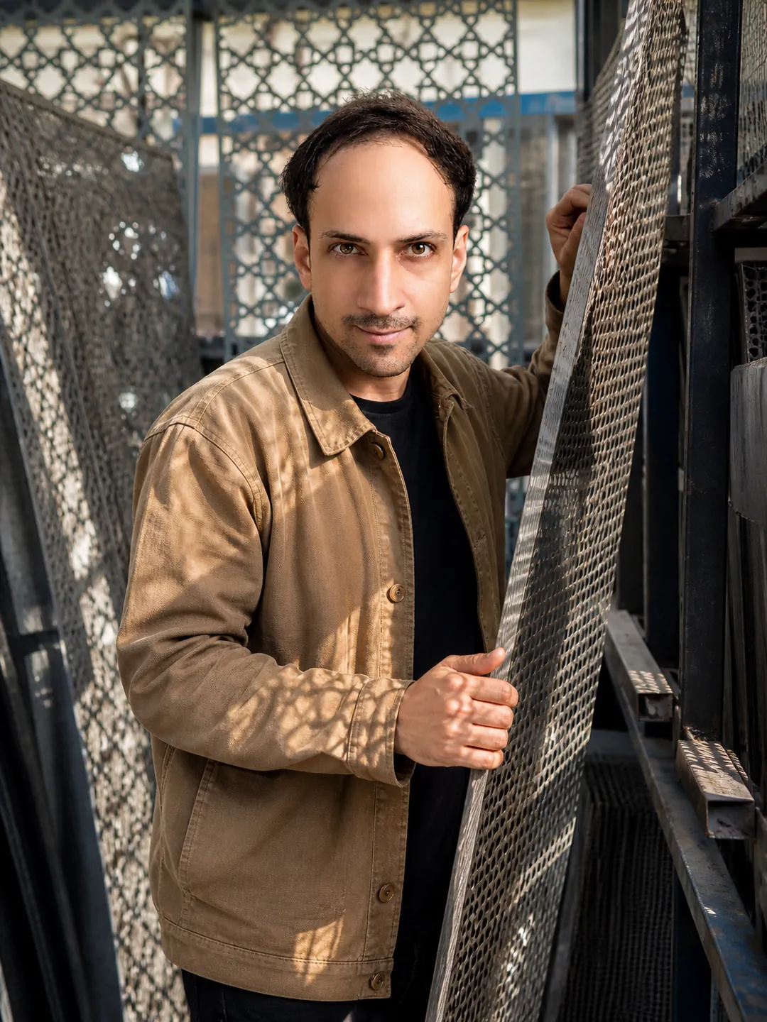 Standing Motion: Shaded Metal Supply Yard — AI Portrait Prompt