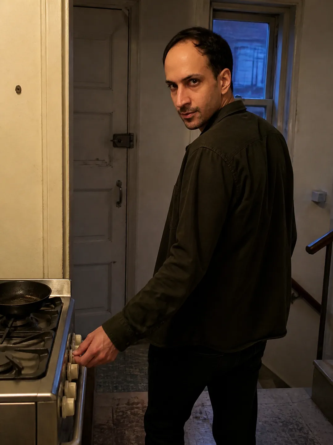 Checked Again: Half-Landing Between Two Floors — AI Portrait Prompt