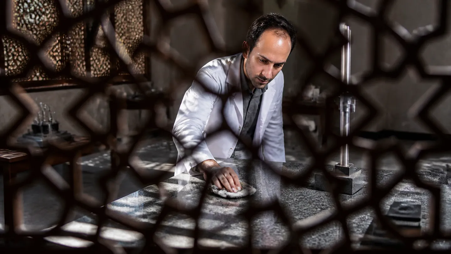 Standing Motion: University Metrology Room — AI Portrait Prompt