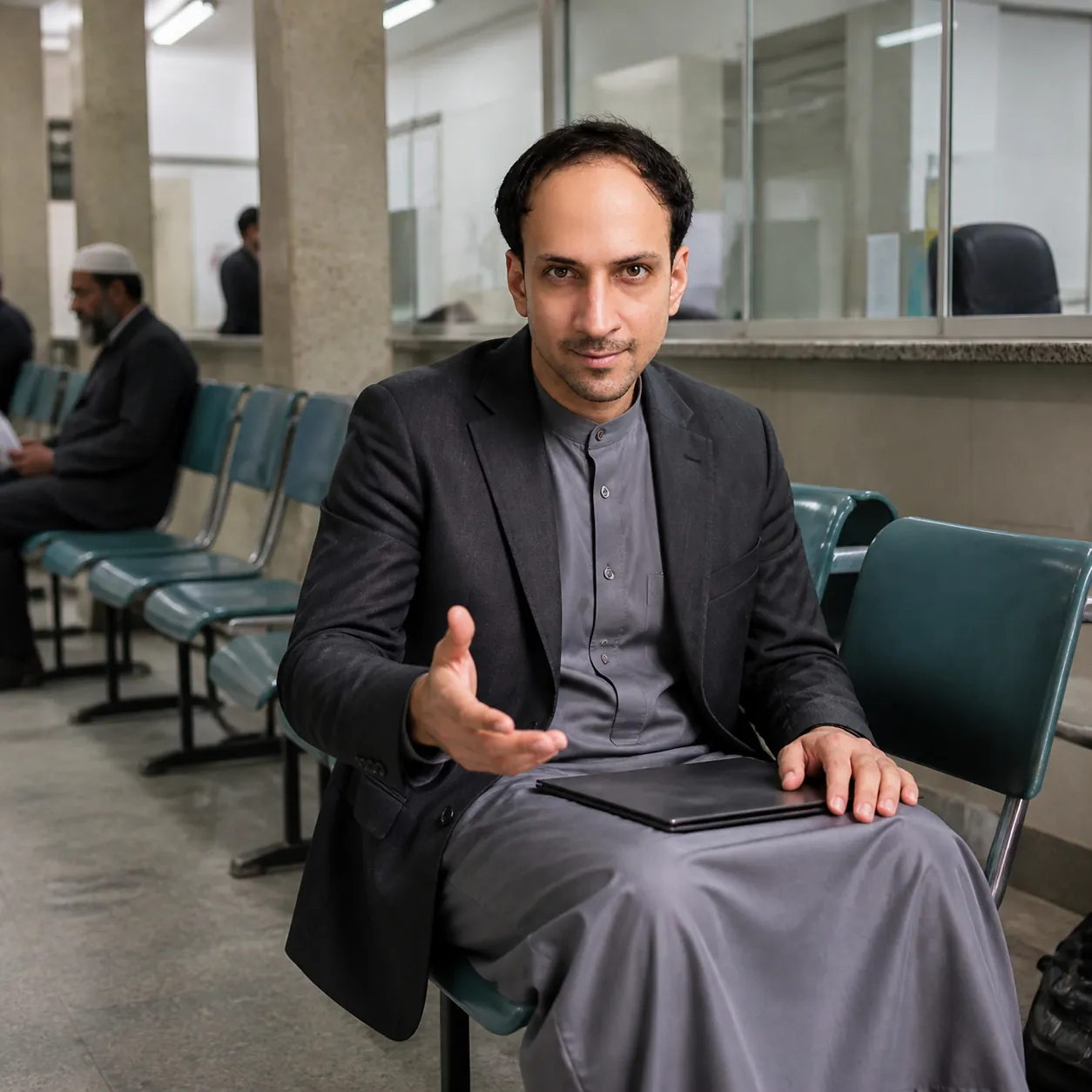 Folder Across the Knees — AI Portrait Prompt