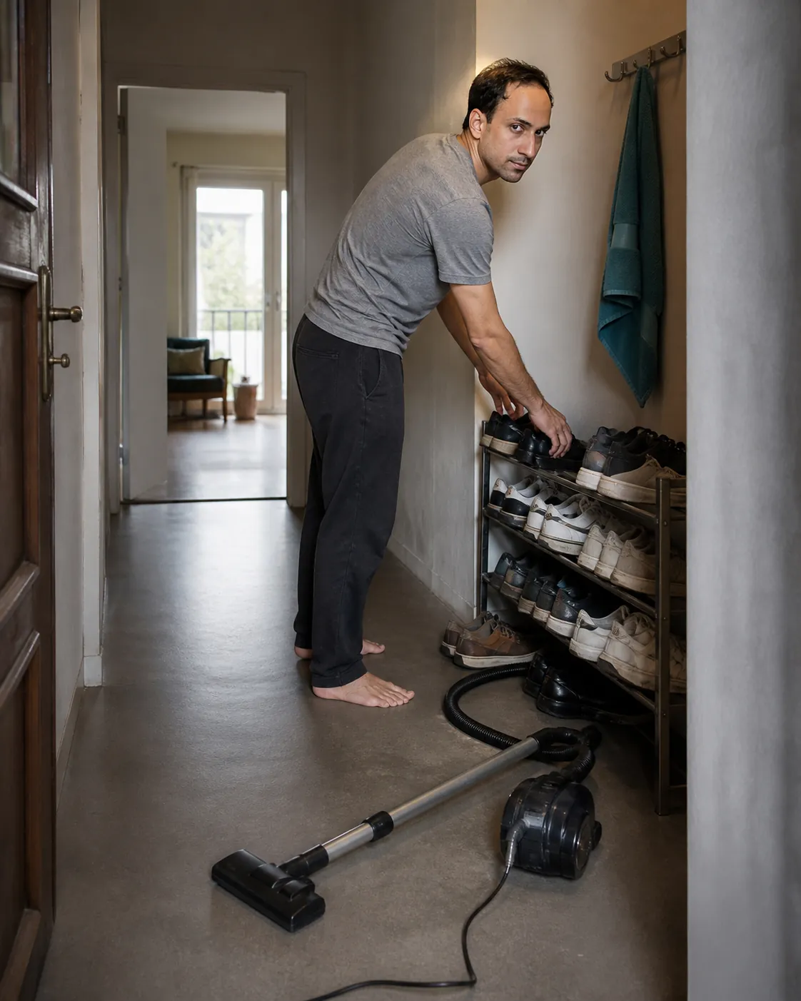 Straightening Shoes at the Entrance — AI Portrait Prompt