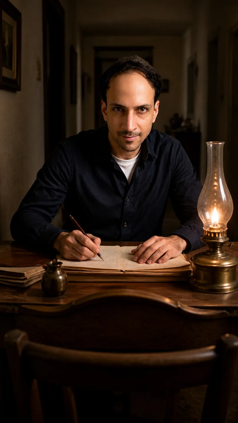 Furnished Presence: Walnut Writing Desk — AI Portrait Prompt