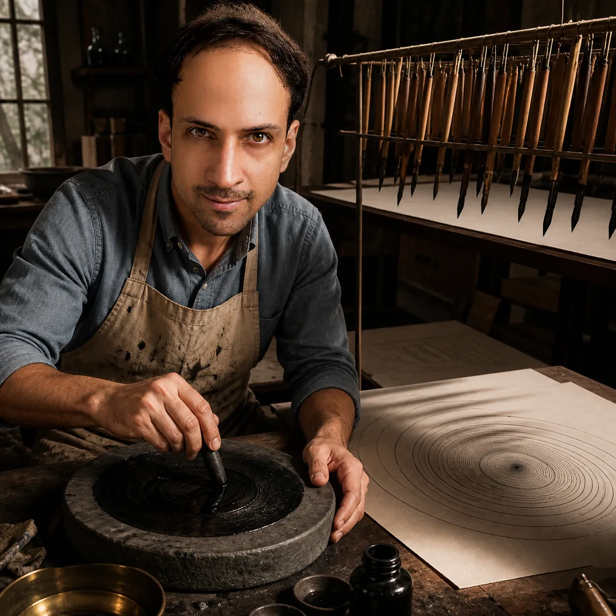 Narrowing Spiral in the Ink Studio — AI Portrait Prompt