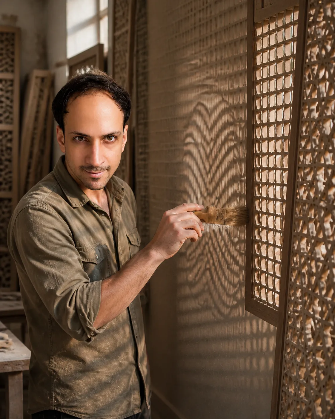 Standing Motion: Lattice Joinery Shop — AI Portrait Prompt