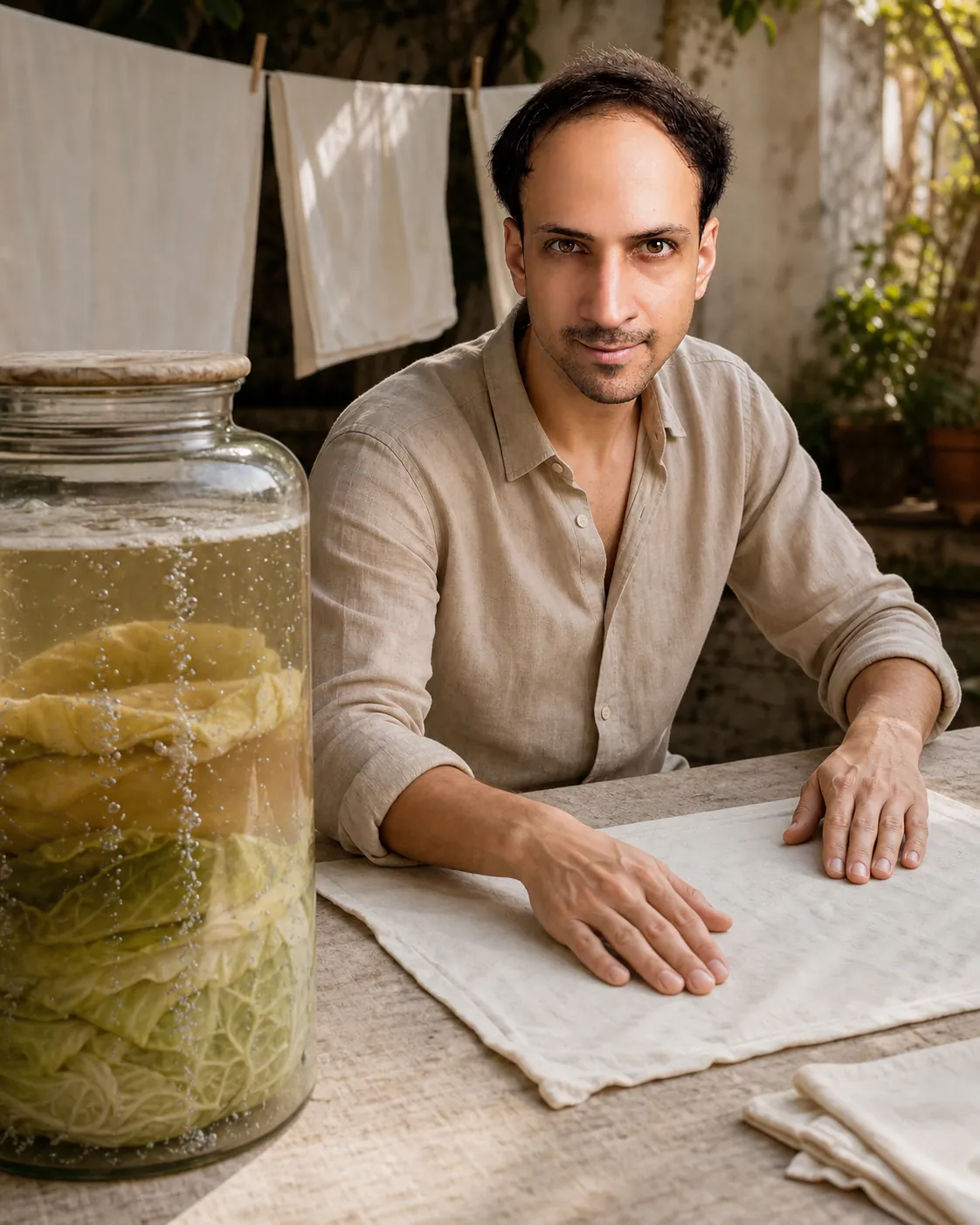 Time as Ingredient: Shaded Courtyard Table — AI Portrait Prompt