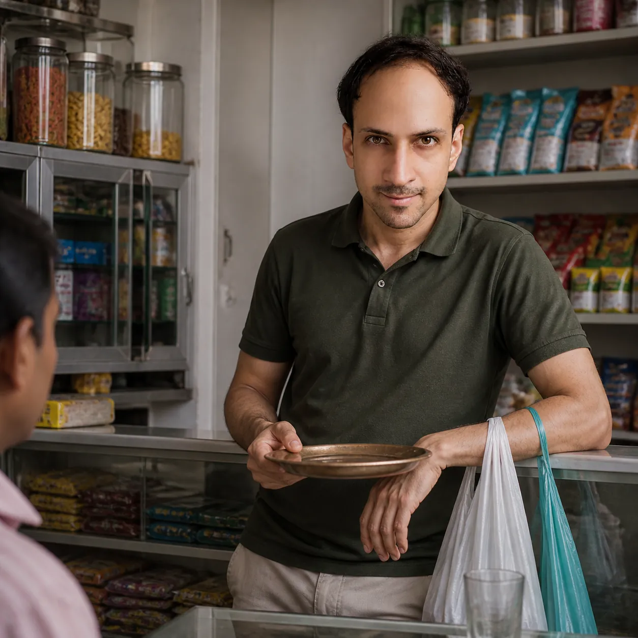 Bags at the Shop Counter — AI Portrait Prompt