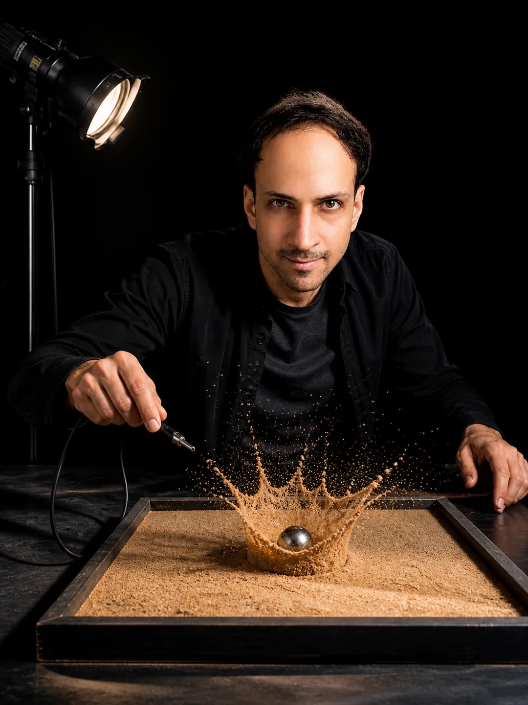 Chaos, One Frame: Blacked-Out Studio — AI Portrait Prompt