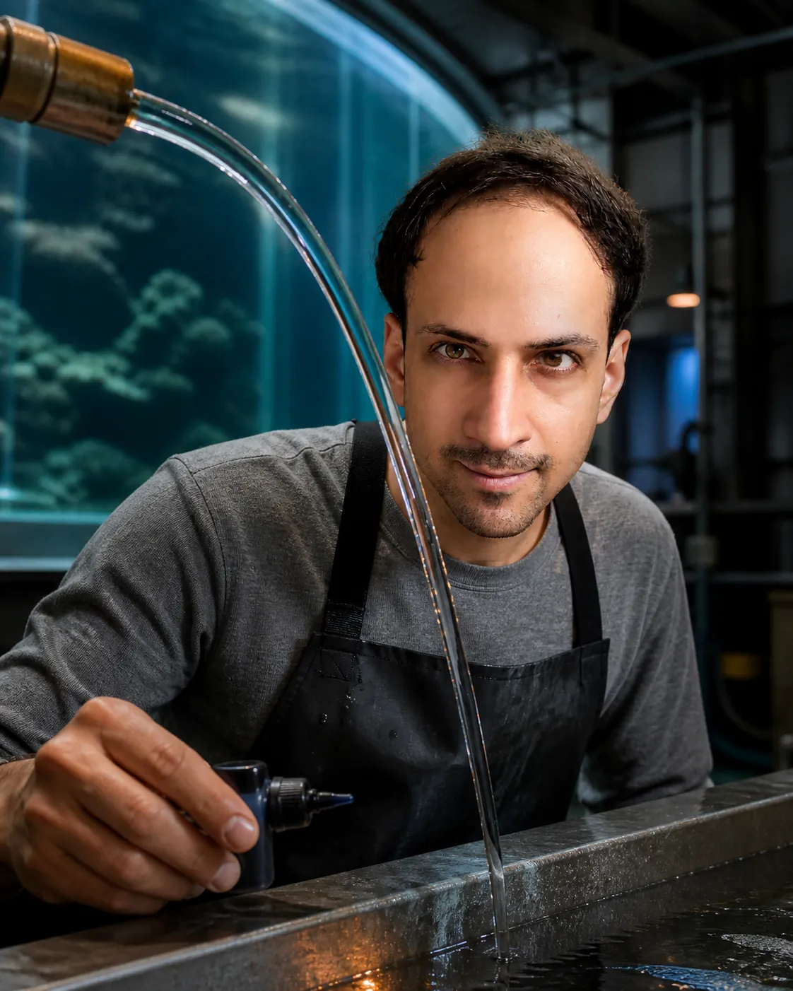 Laminar Jet Behind the Aquarium — AI Portrait Prompt