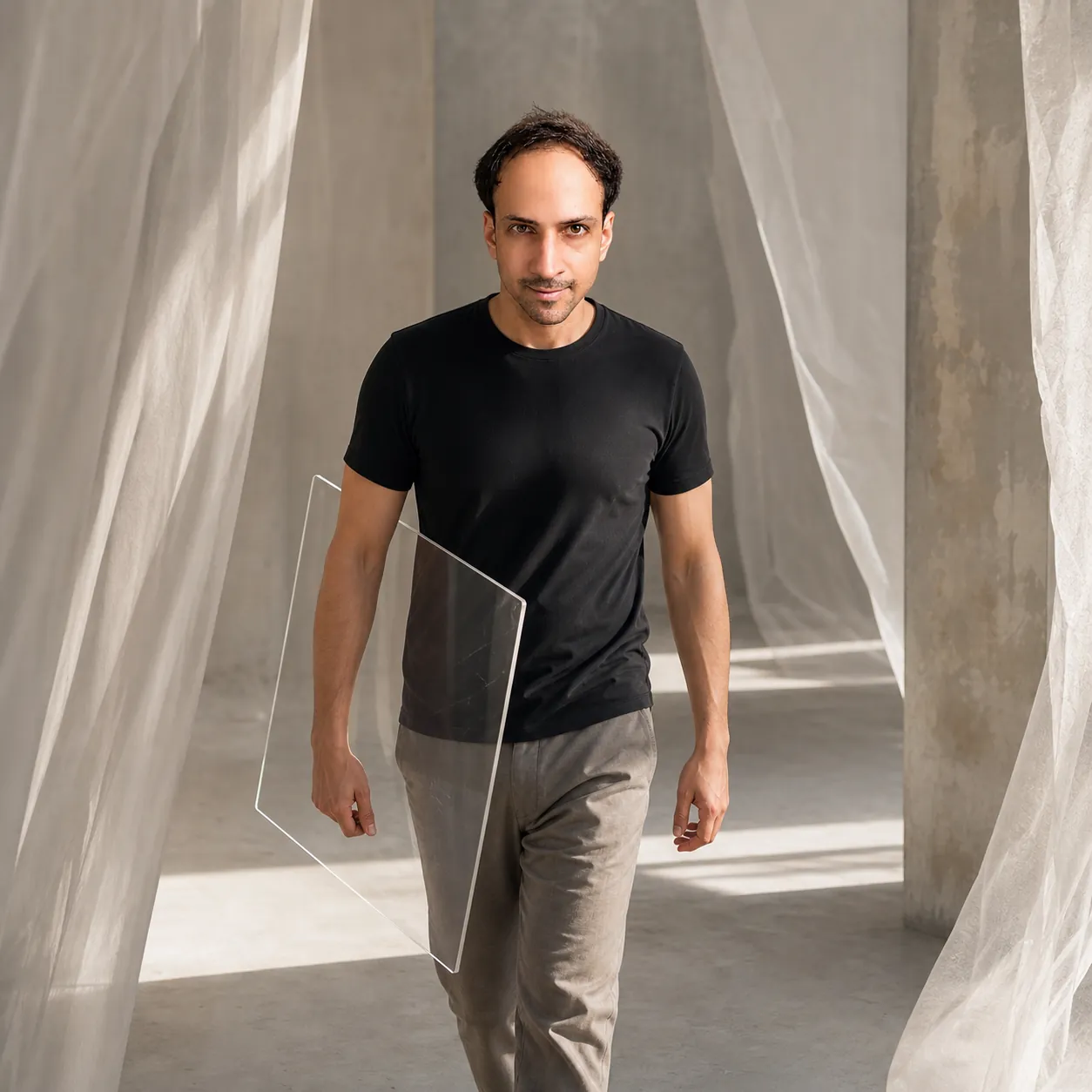 Studio Minimalism: Passage with a thin clear acrylic panel — AI Portrait Prompt