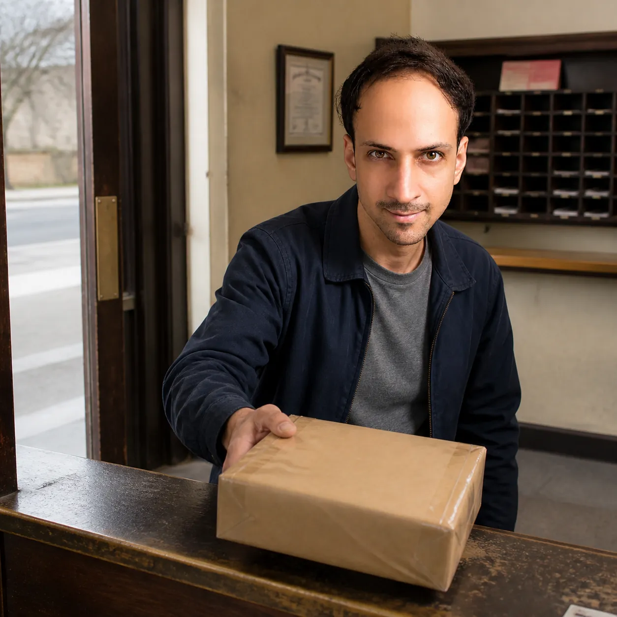 Parcel at the Quiet Counter — AI Portrait Prompt