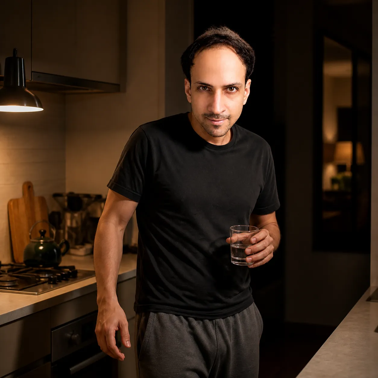 A Fixed Gaze in the Kitchen — AI Portrait Prompt