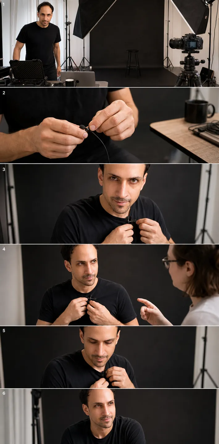 Adjusting Lapel Microphone Just — 6-Panel Sequence — AI Portrait Prompt