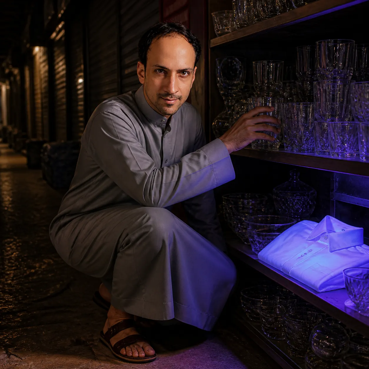 Violet Glow in a Shuttered Souq — AI Portrait Prompt