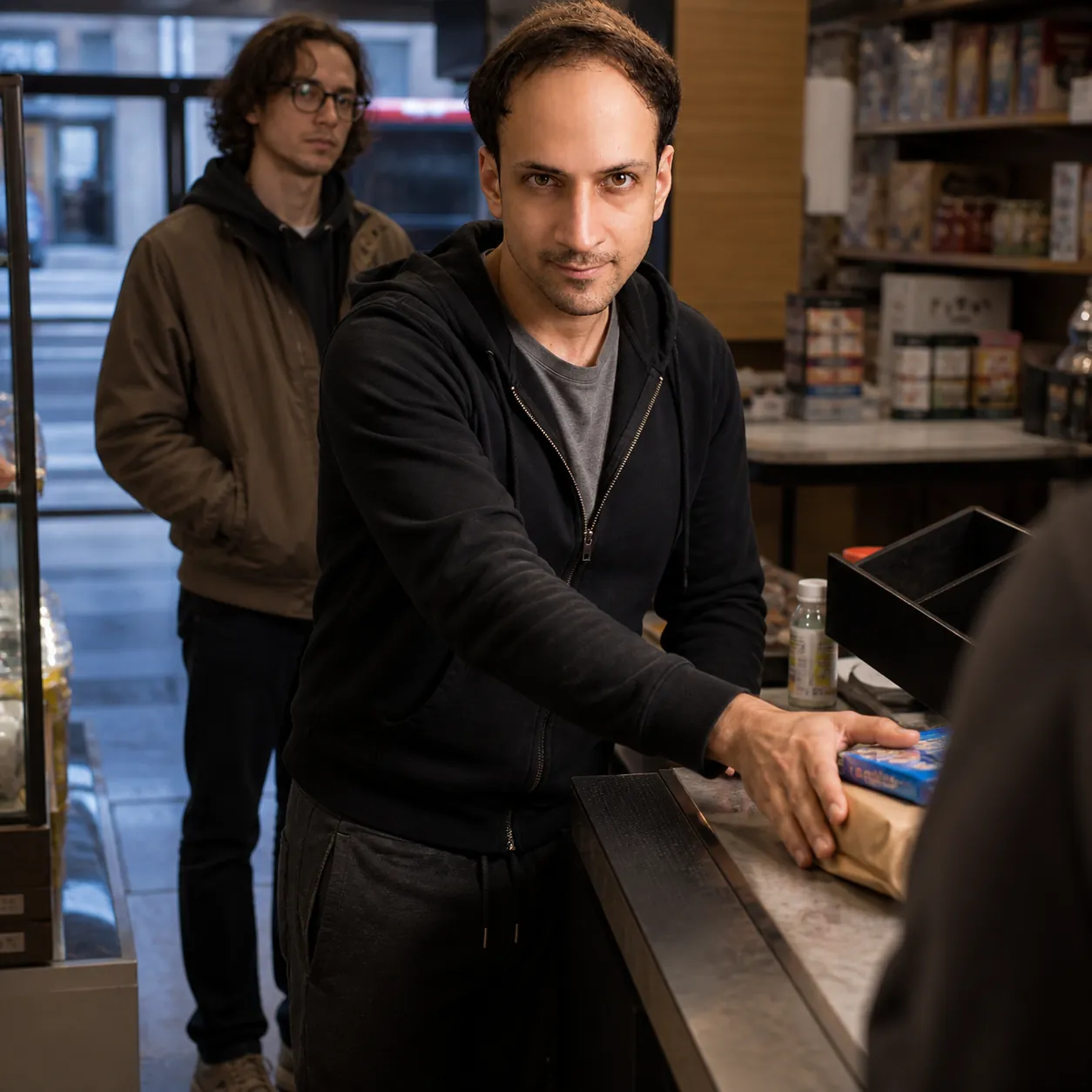 At the Corner Shop Counter — AI Portrait Prompt