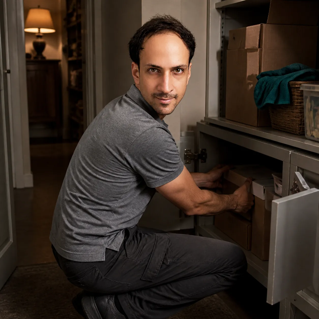 The Low Cupboard Reach — AI Portrait Prompt