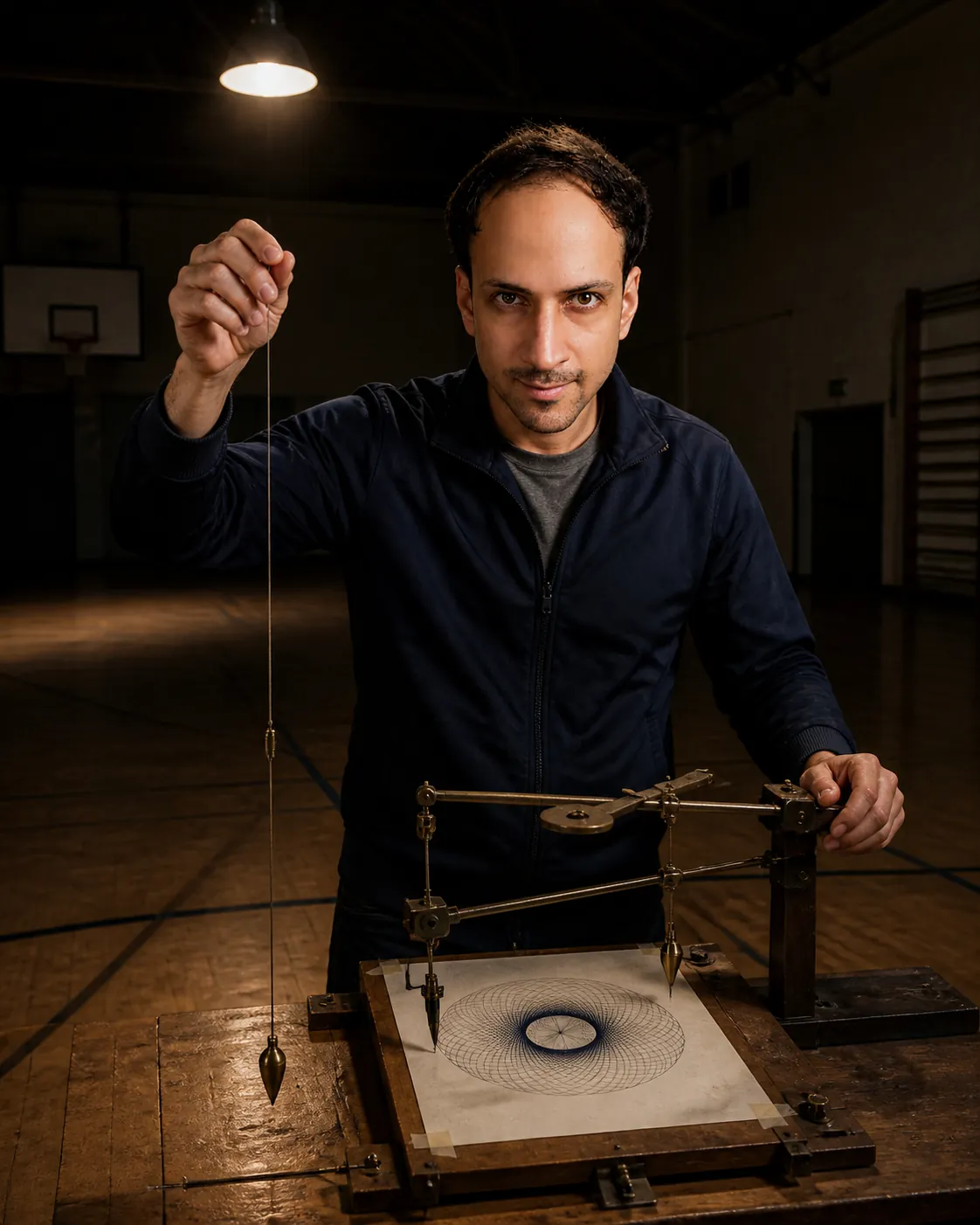 Harmonograph Rosette in the After-Hours Gymnasium — AI Portrait Prompt