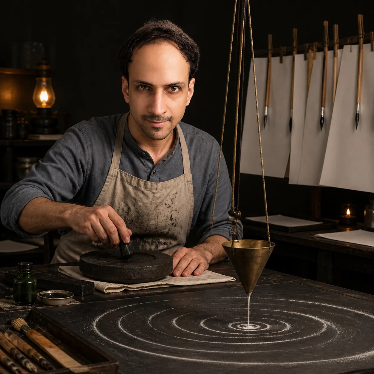Sand Trace in the Ink Studio — AI Portrait Prompt