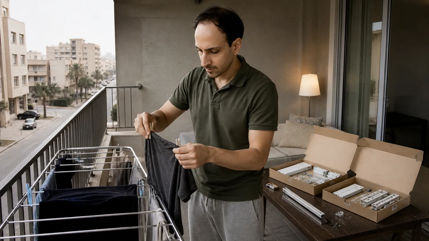 Laundry Rack Above a Riyadh Side Street — AI Portrait Prompt