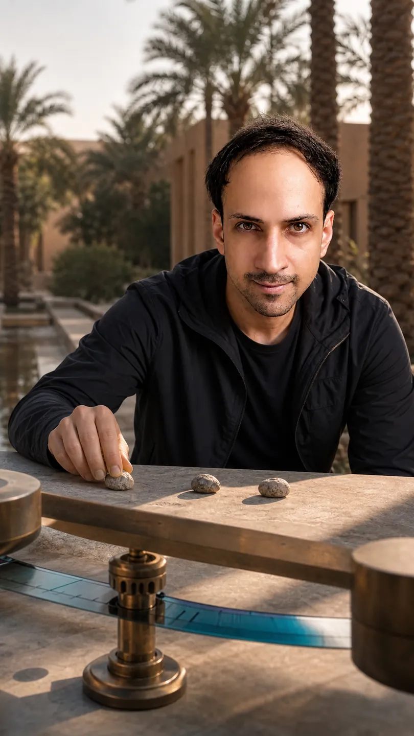 Plural Futures: Date-Palm Courtyard — AI Portrait Prompt