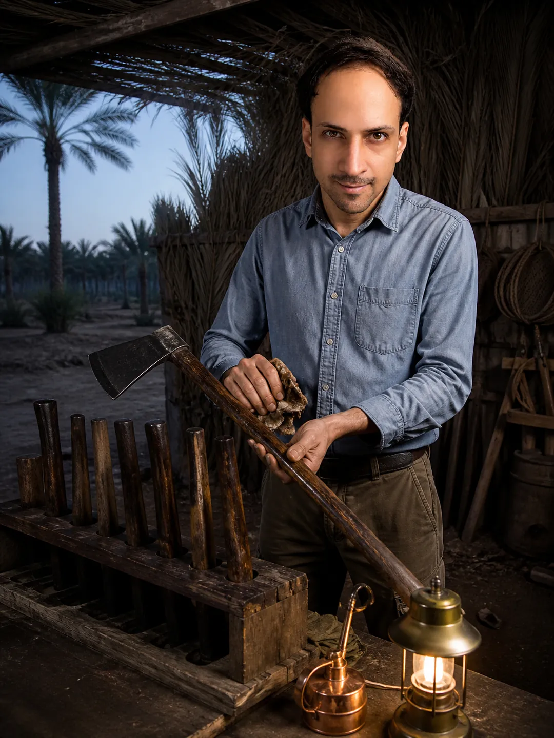 Time As Polish: Palm-Frond-Shaded Implement Shed — AI Portrait Prompt