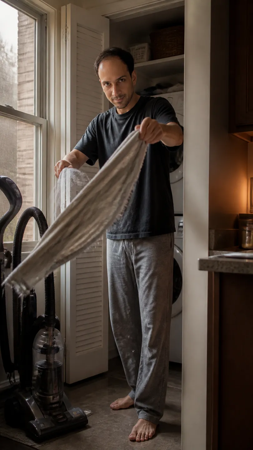 A Pause Mid-Strip in the Laundry — AI Portrait Prompt