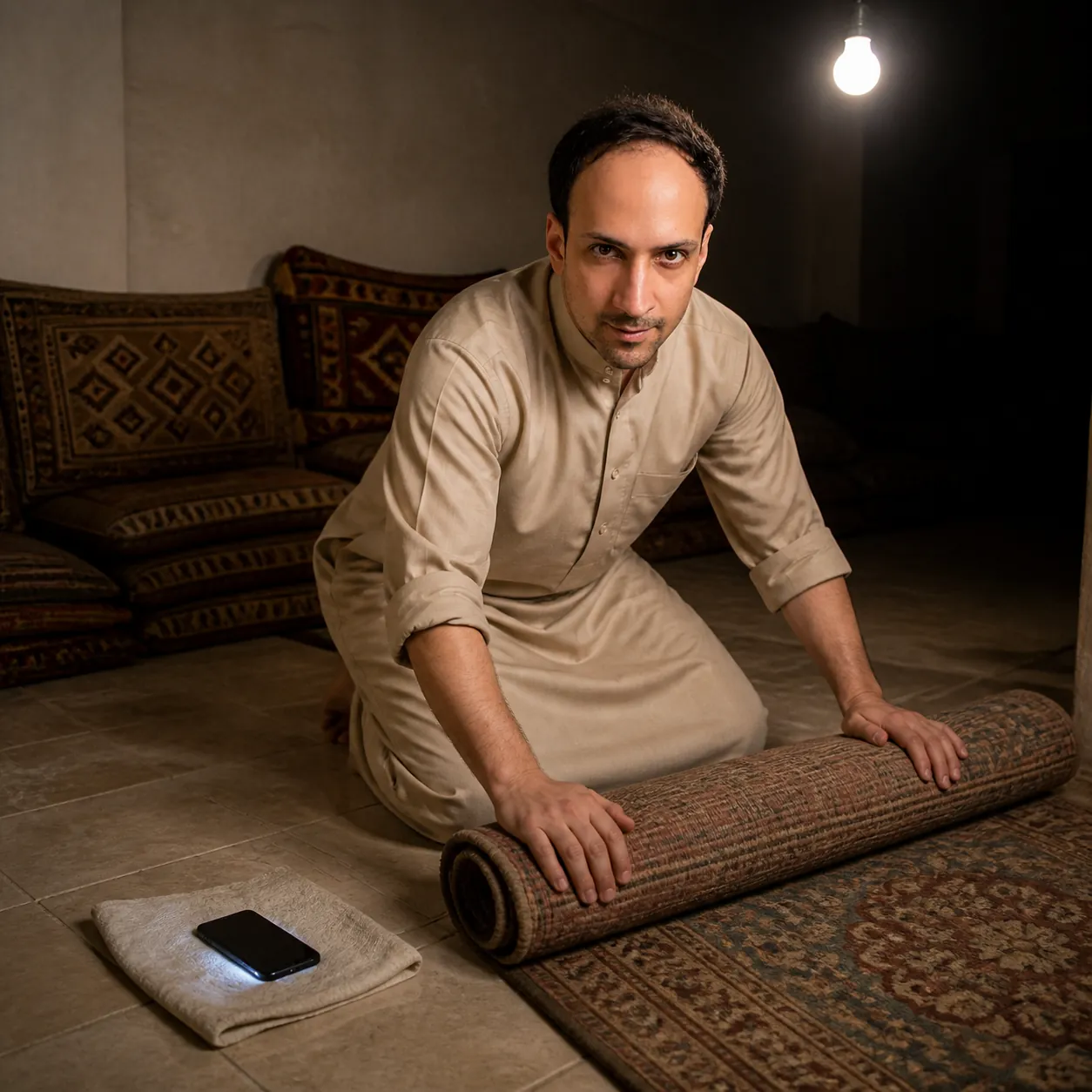 Majlis Rug Rolled Back At Night — AI Portrait Prompt