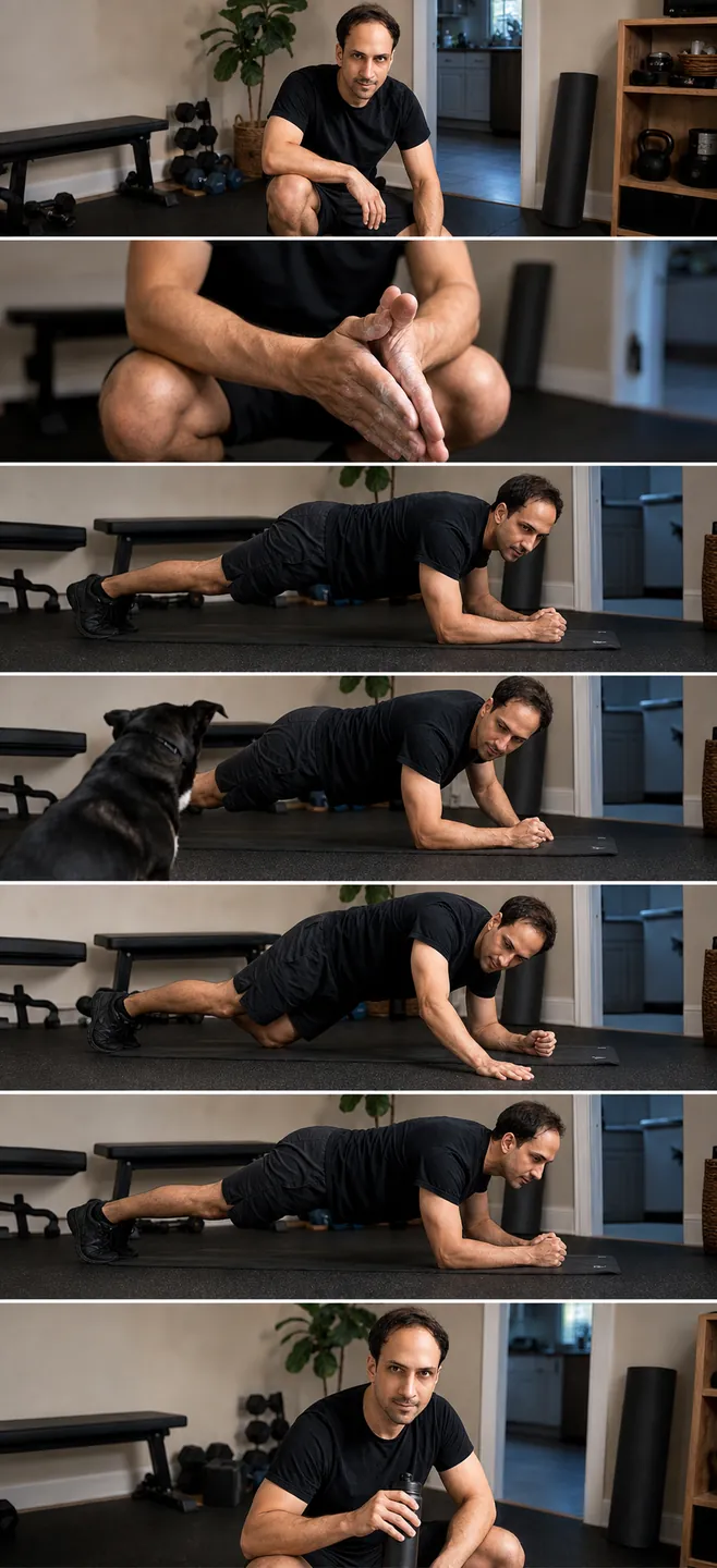 Holding Plank Believable Effort — 7-Panel Sequence — AI Portrait Prompt