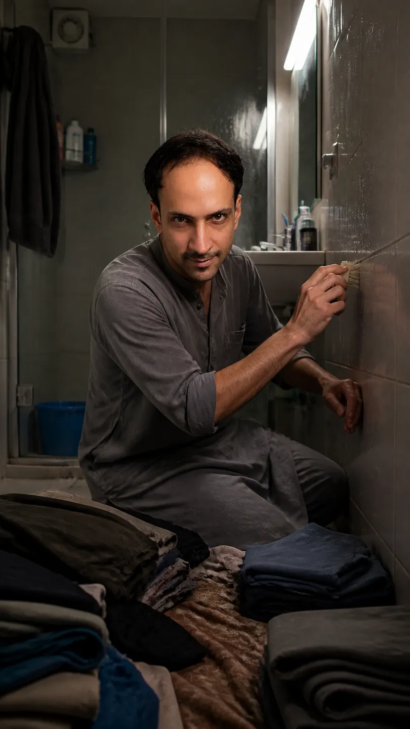 Sleeves Up: Small Tiled Bathroom — AI Portrait Prompt