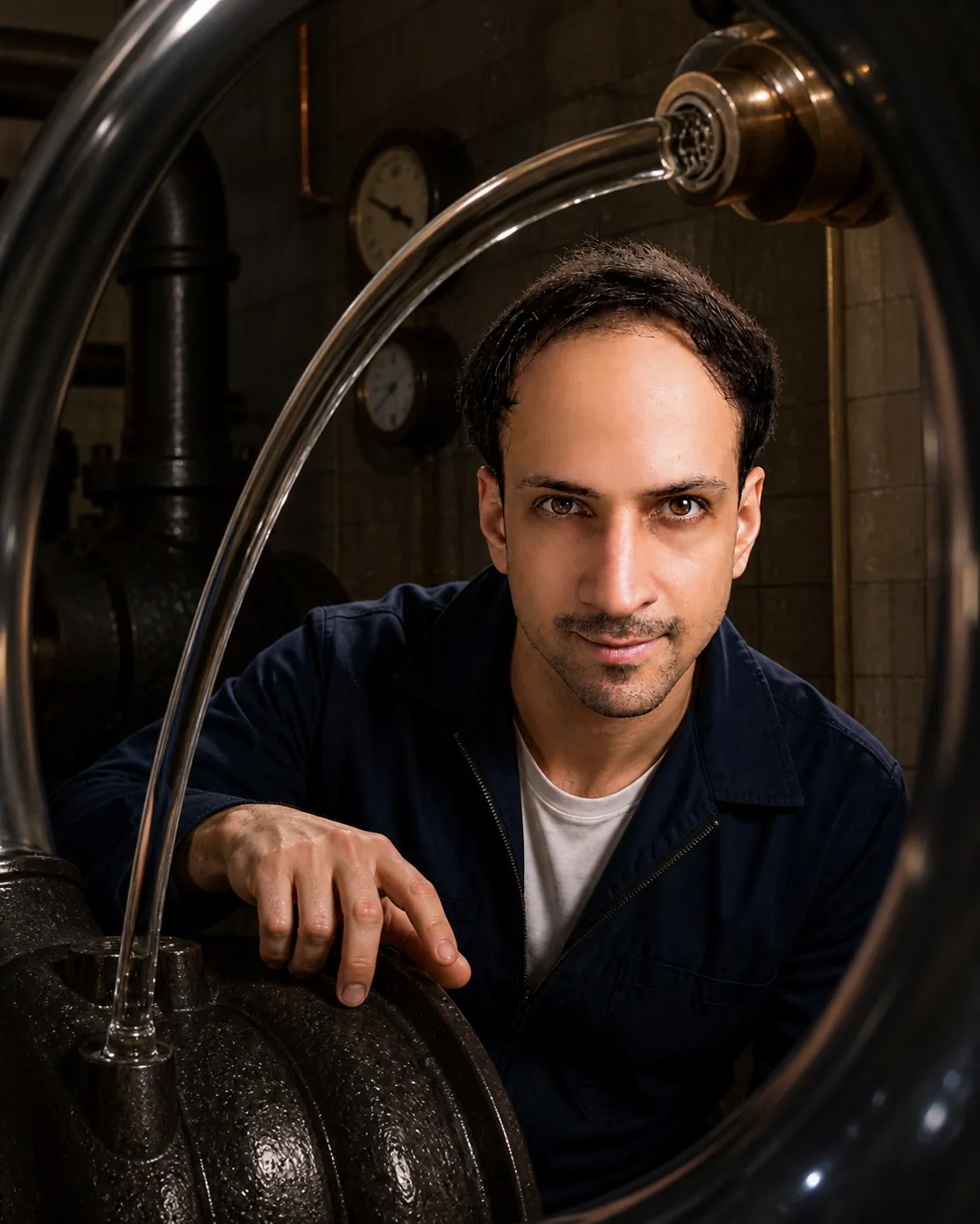 Glass-Rod Water in the Pump Room — AI Portrait Prompt
