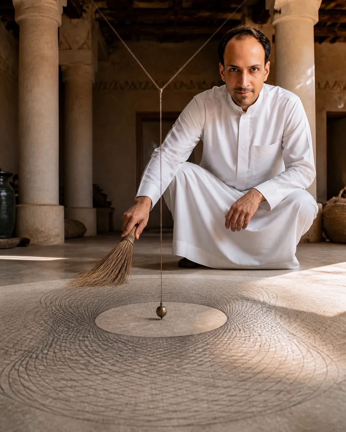 Pendulum Drawing in a Najdi Hall — AI Portrait Prompt