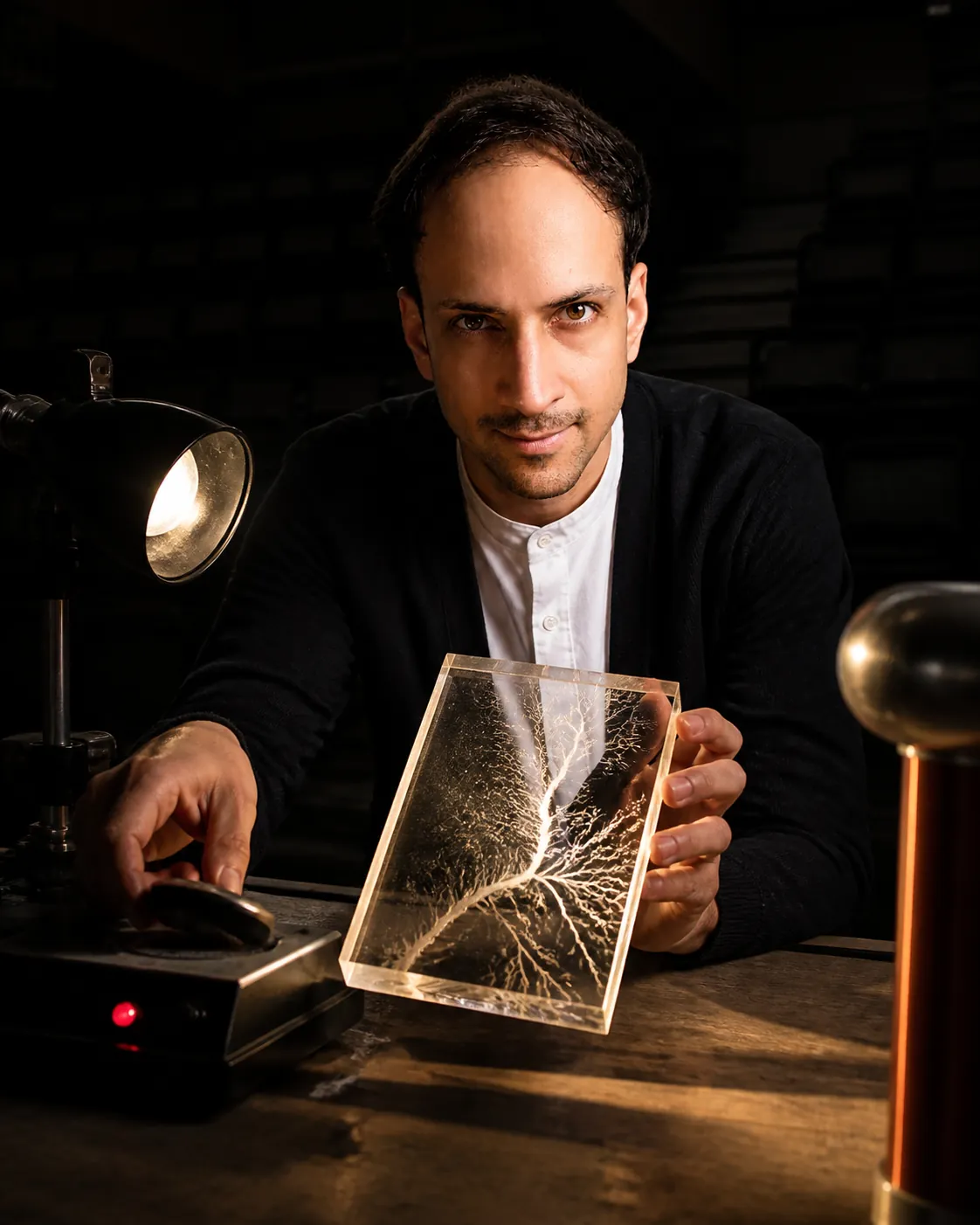 Lightning's Autograph: Empty Science-Museum Demonstration — AI Portrait Prompt