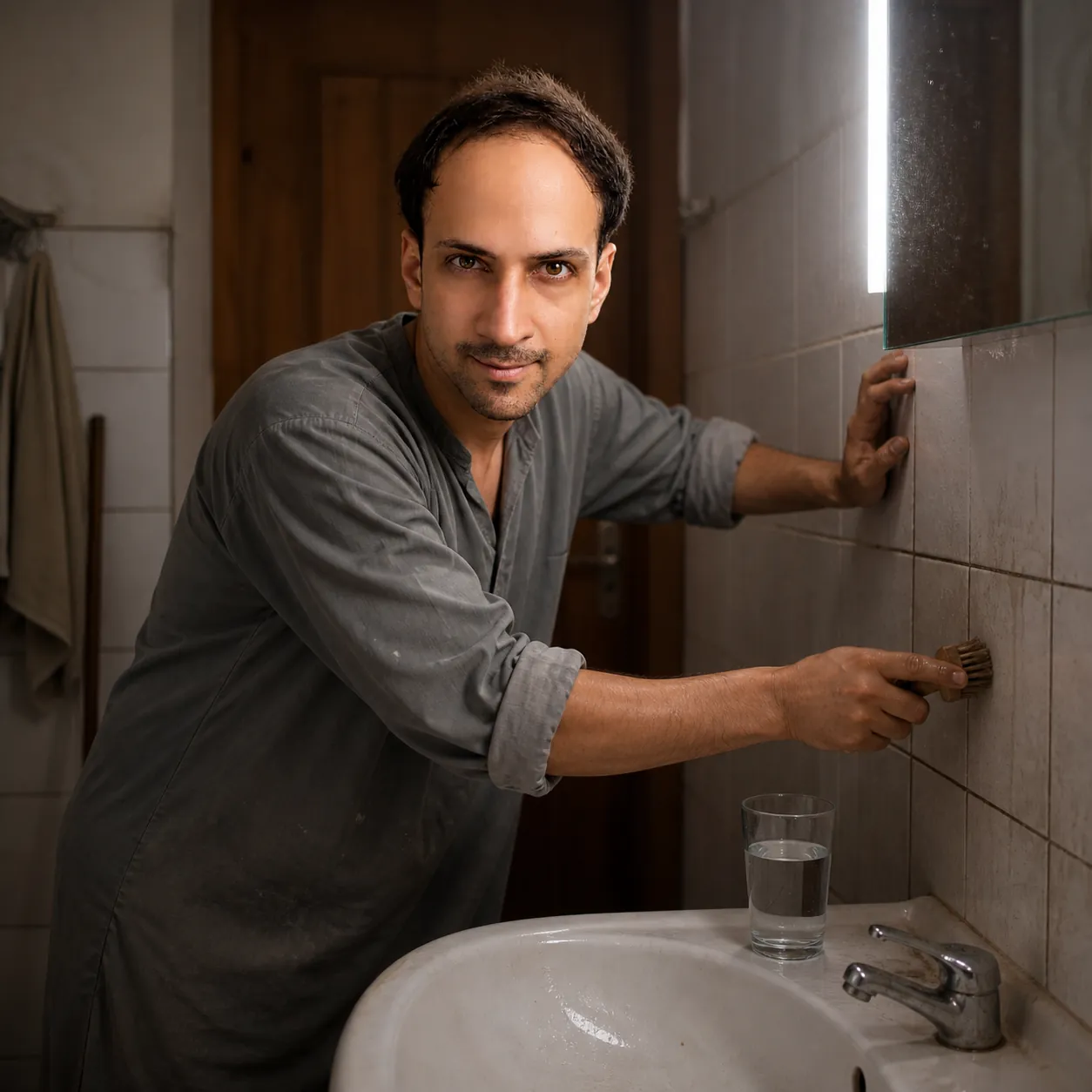Tile Joint Under Mirror Light — AI Portrait Prompt