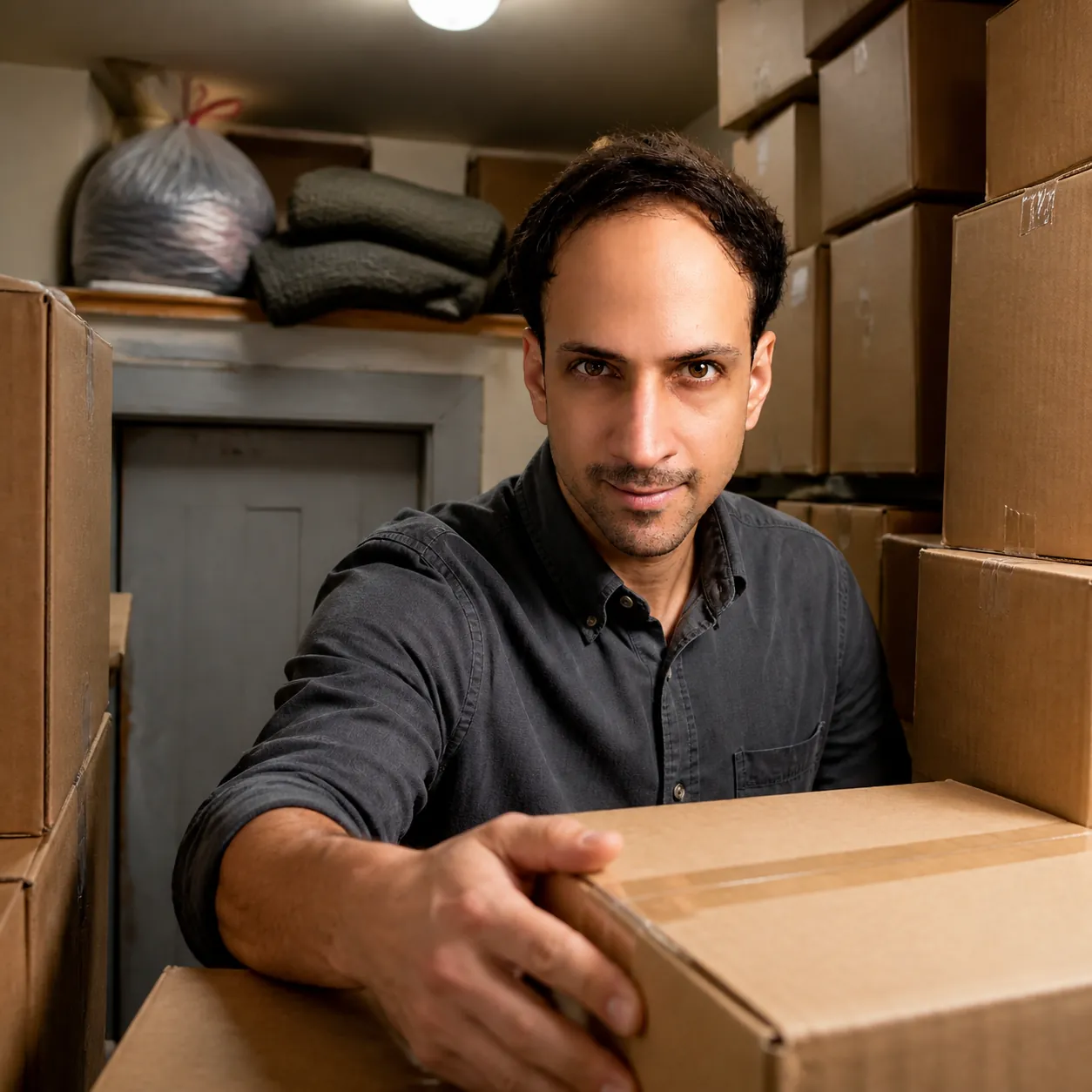 Boxes Stacked Shoulder-High — AI Portrait Prompt