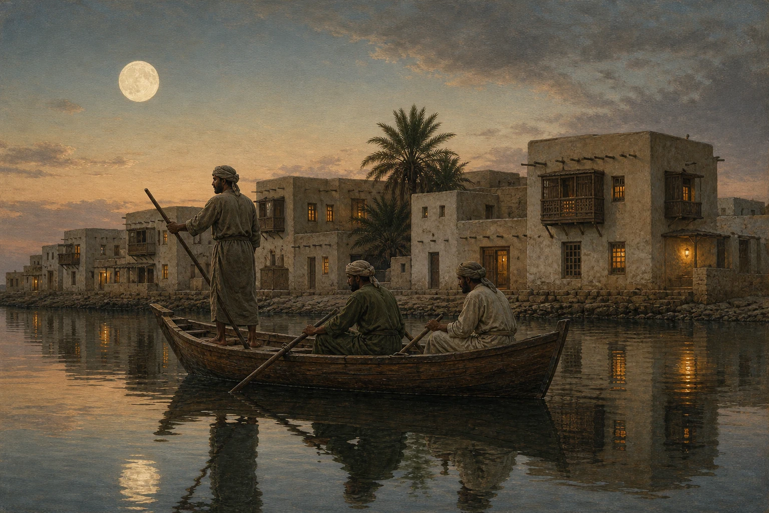 ثلاثة ملاحين يعبرون الماء الساكن وقت الغروب