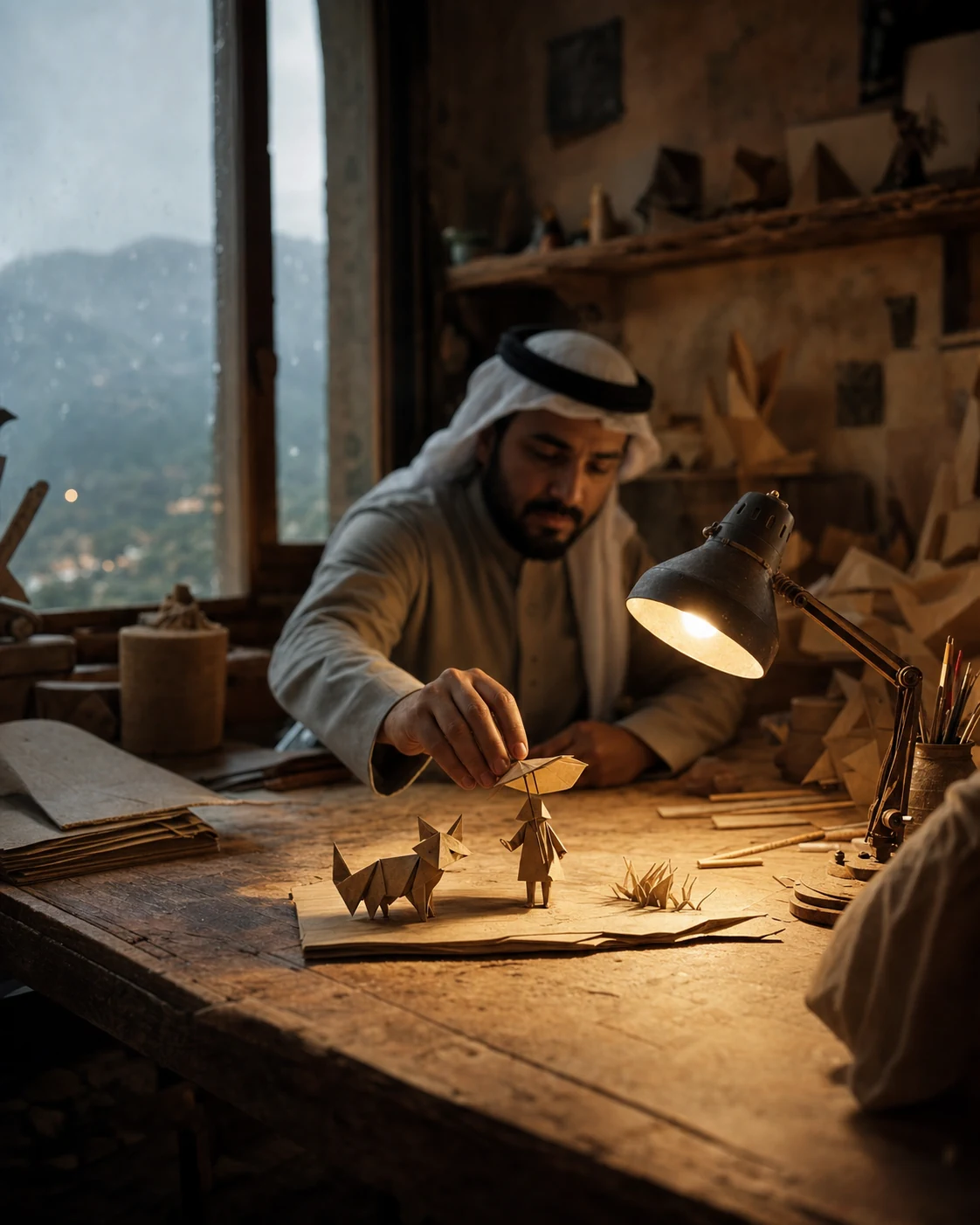 لقطة قريبة سينمائية لحِرفي مع شخصيات ورقية