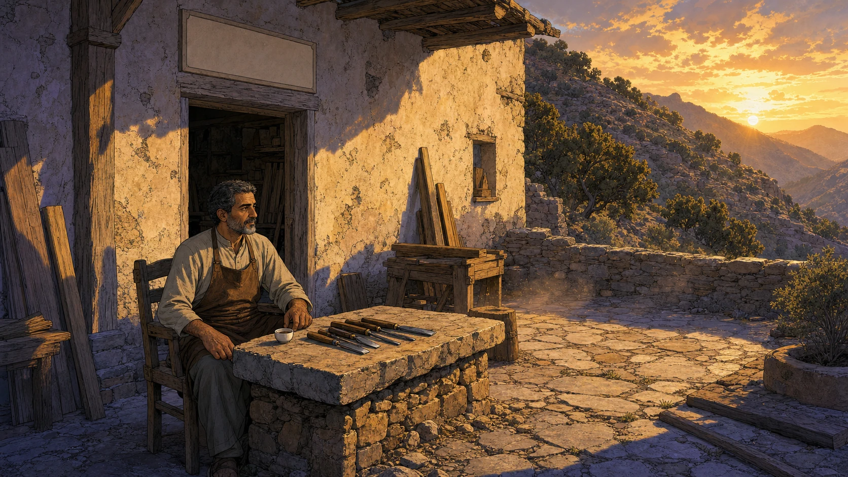 رسم سينمائي بالحبر واللون في فناء ورشة